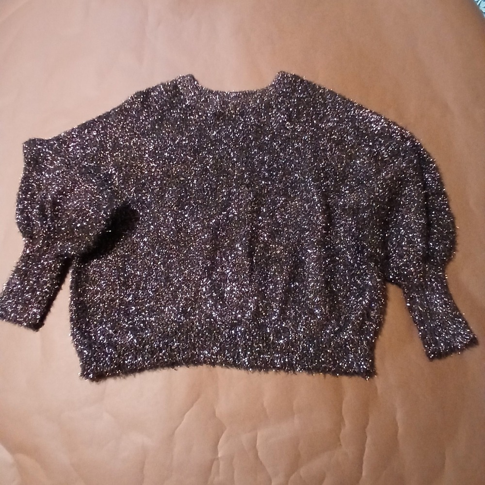 Ces Femme Medium  tinsel sweater  fuzzy metallic sparkle Brown Puffed Arm